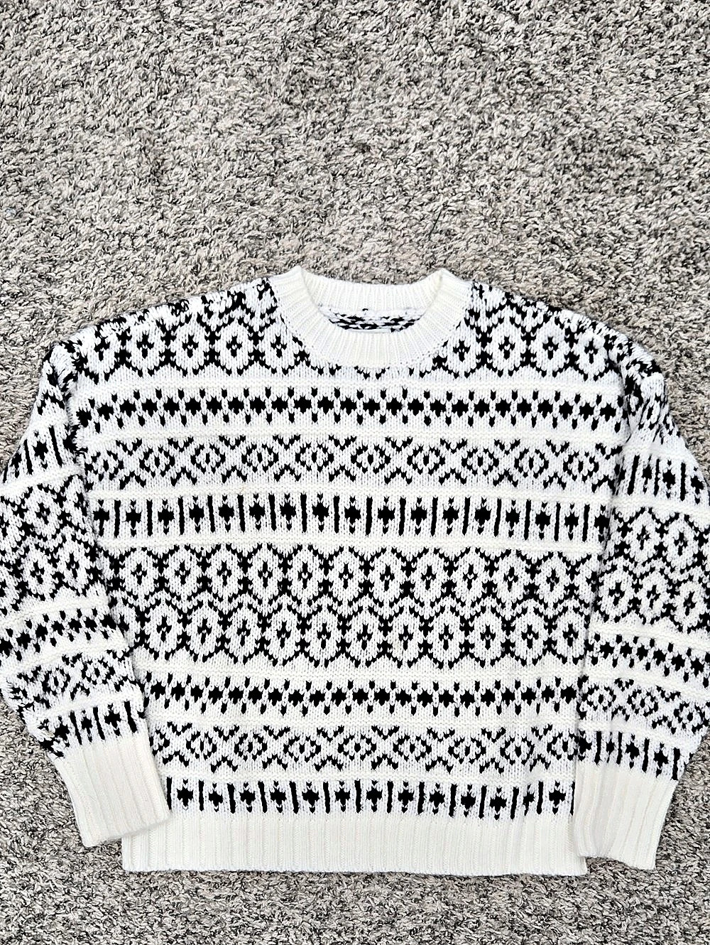 American Eagle Outfitters Fair Isle Geometric Crewneck Sweater in White & Black